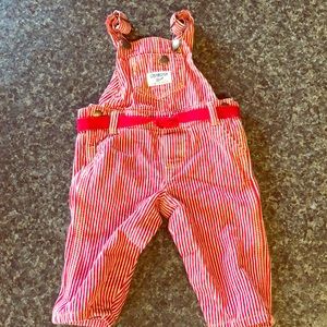 Osh Kosh red and white pinstriped overall’s